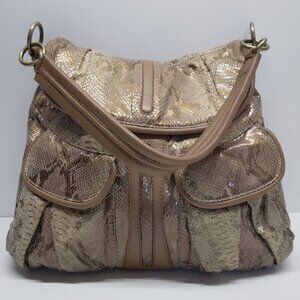MALINI MURJANI Snake Print Metallic Tan Leather Shoulder Bag